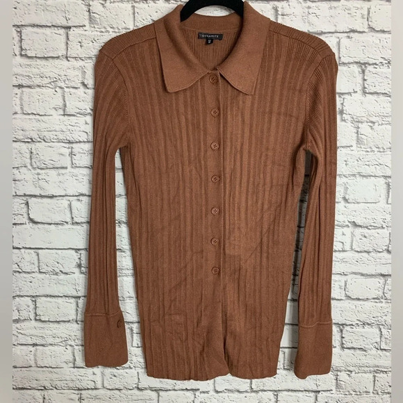 Dynamite Women’s Ribbed Button Front Cardigan Academia Brown  Size Small Stretch - Picture 1 of 8